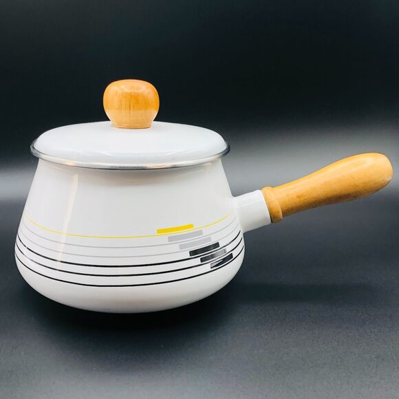 Vintage White Gray Yellow Stripes Enamel Fondue Pot and Lid Wood Handle Saucepan - Picture 1 of 13